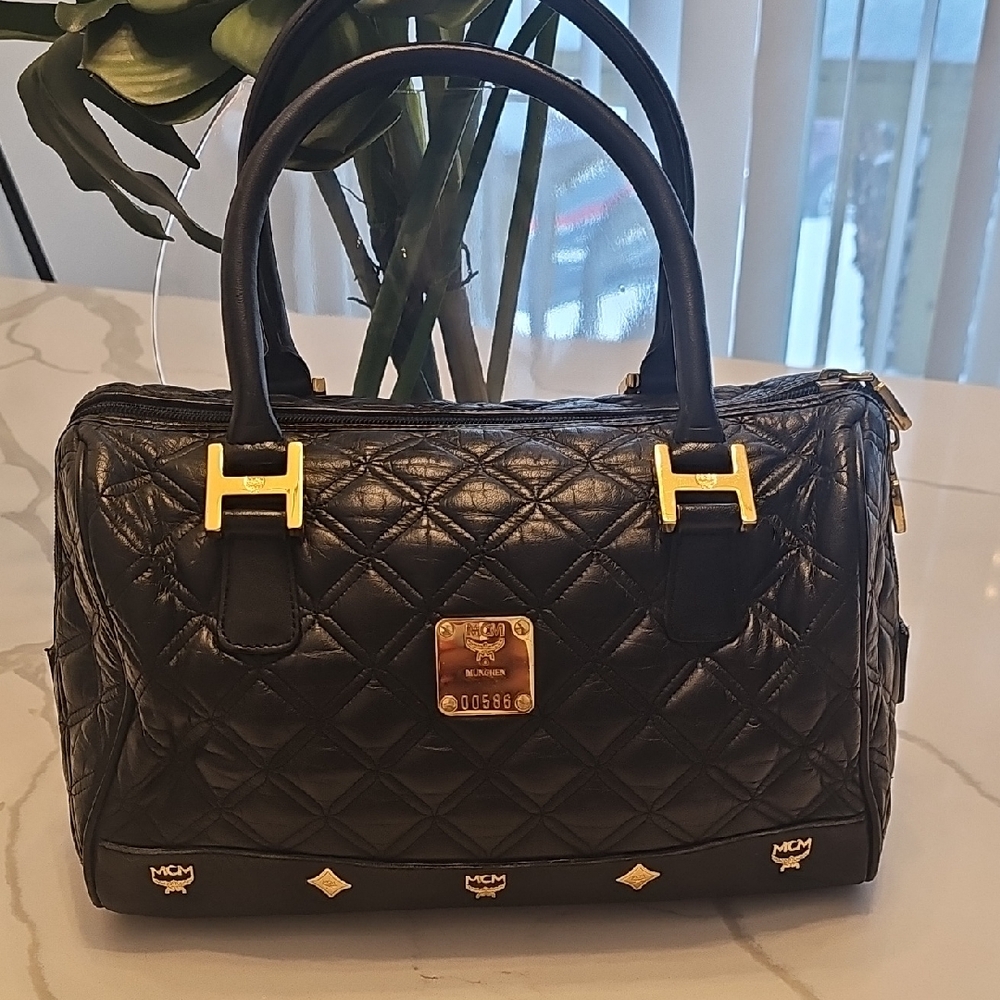 MCM Black Quilted Satchel with Gold Accents